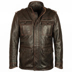 Men's Distressed Brown Leather Field Jacket | Military Utility Coat - Timber AND Hide