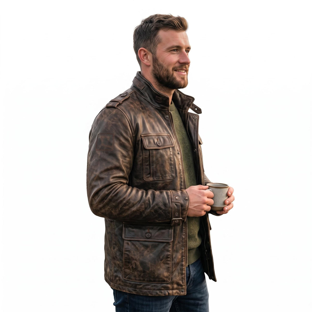 Men's Distressed Brown Leather Field Jacket | Military Utility Coat - Timber AND Hide