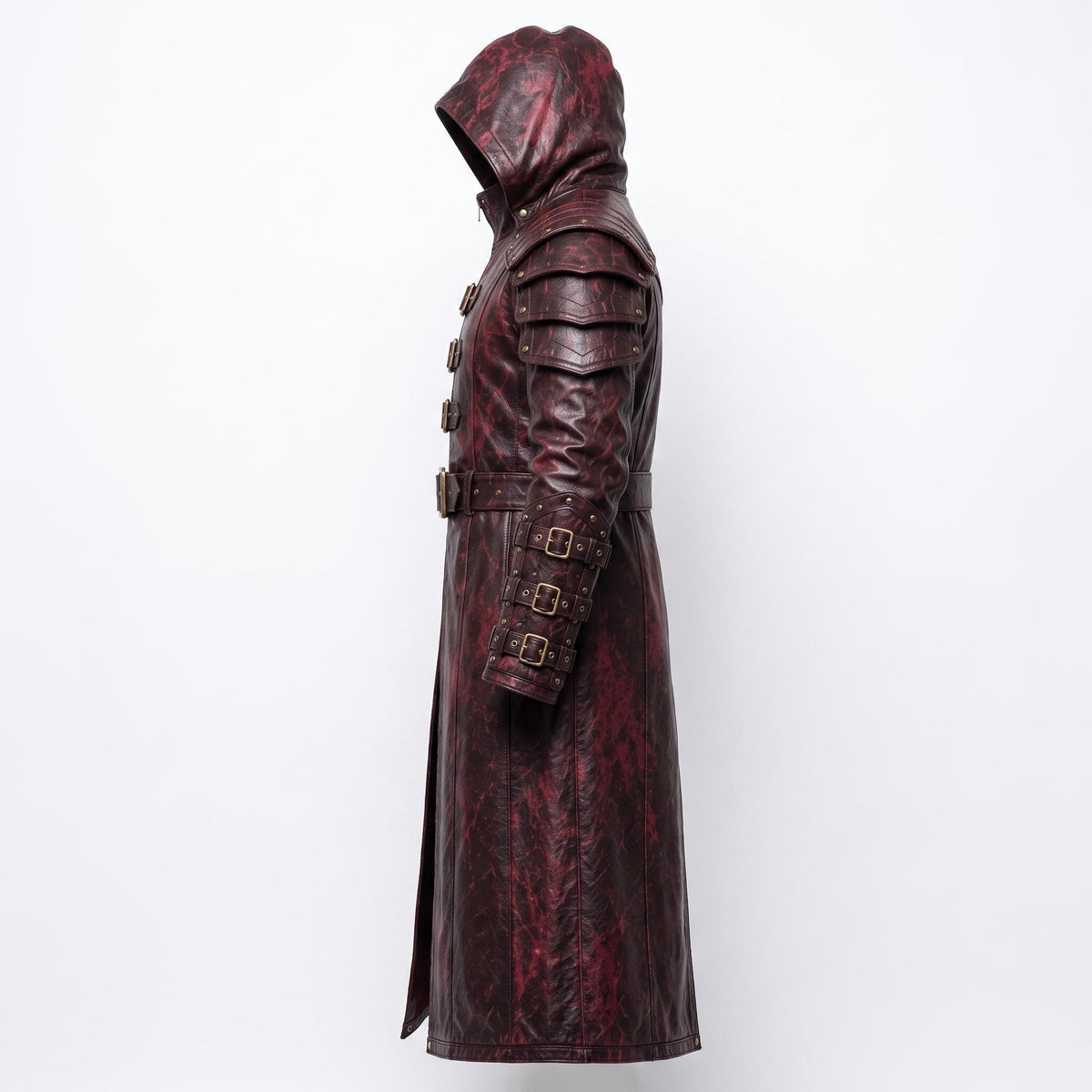 Men's Distressed Burgundy Leather Hooded Armor Coat | Medieval Viking Gothic Cosplay Jacket - Timber AND Hide