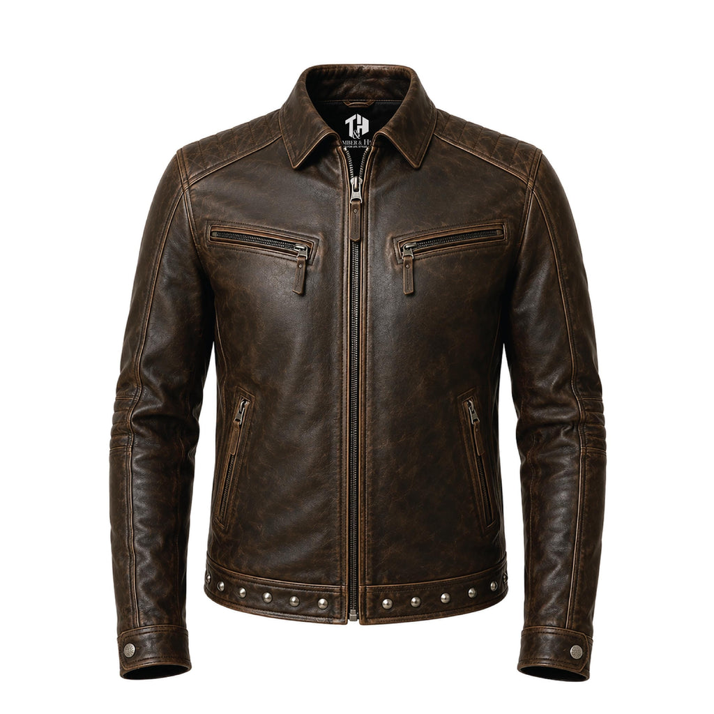 Men's Embossed Leather Motorcycle Jacket, Skull Biker Moto Coat, Gothic Punk Streetwear Gear - Timber AND Hide