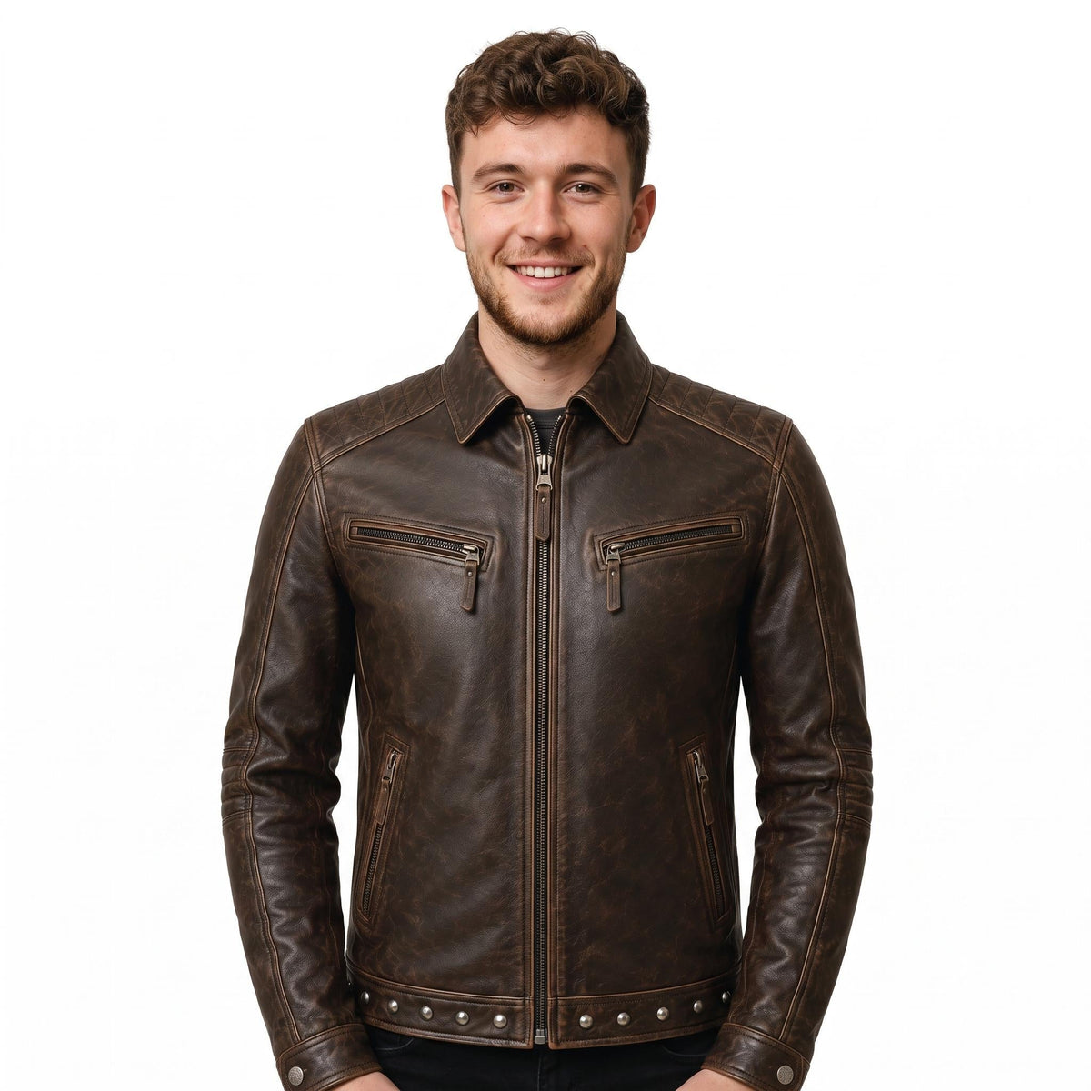 Men's Embossed Leather Motorcycle Jacket, Skull Biker Moto Coat, Gothic Punk Streetwear Gear - Timber AND Hide