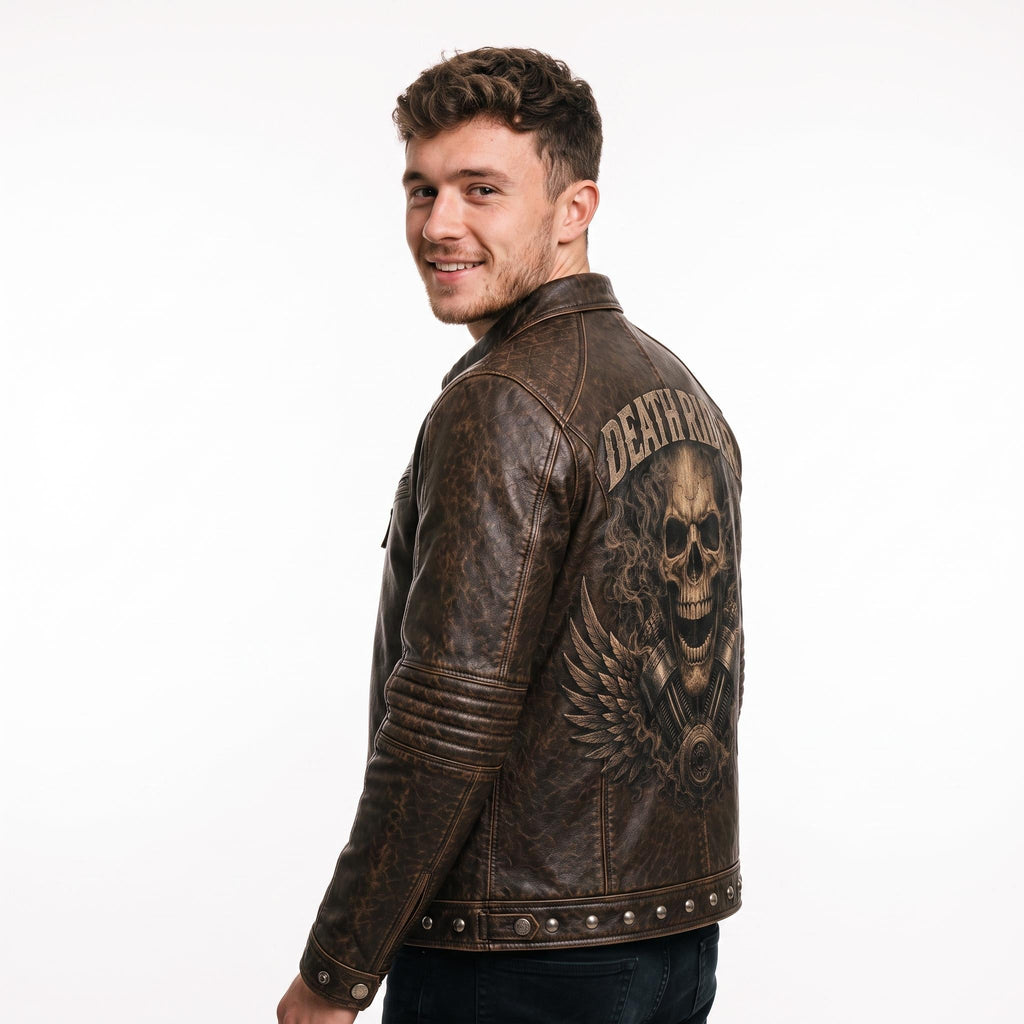 Men's Embossed Leather Motorcycle Jacket, Skull Biker Moto Coat, Gothic Punk Streetwear Gear - Timber AND Hide