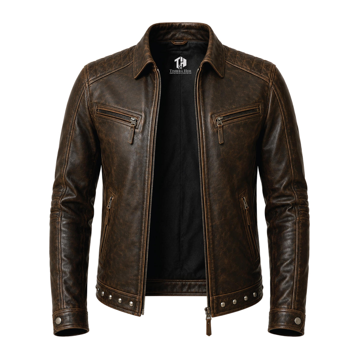 Men's Embossed Leather Motorcycle Jacket, Skull Biker Moto Coat, Gothic Punk Streetwear Gear - Timber AND Hide