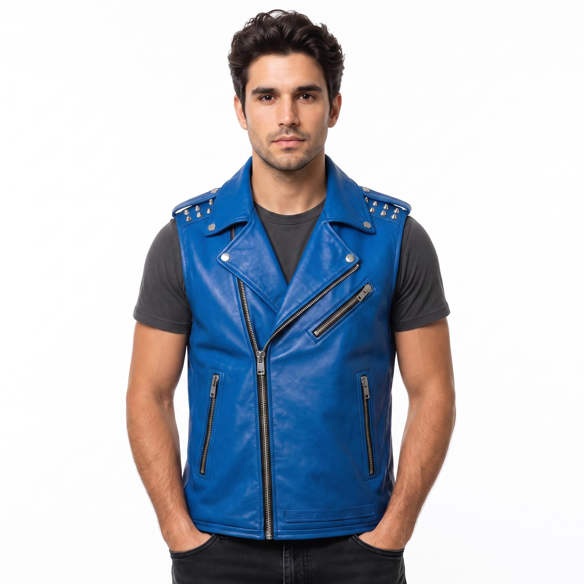 Men's Genuine Leather Biker Vest – Studded Double Rider Motorcycle Jacket - Timber AND Hide