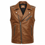Men's Genuine Leather Biker Vest – Studded Double Rider Motorcycle Jacket - Timber AND Hide
