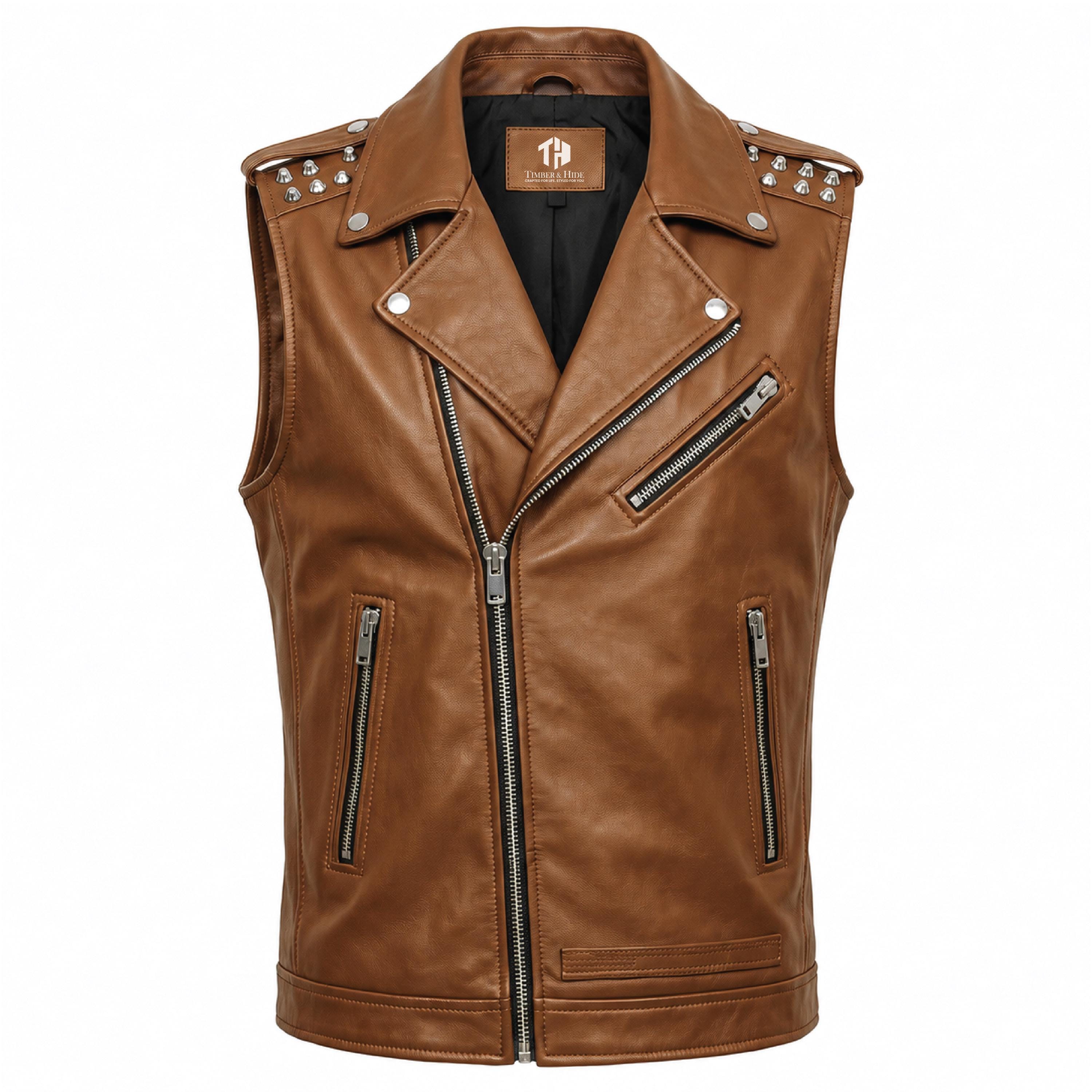 Men's Genuine Leather Biker Vest – Studded Double Rider Motorcycle Jacket - Timber AND Hide