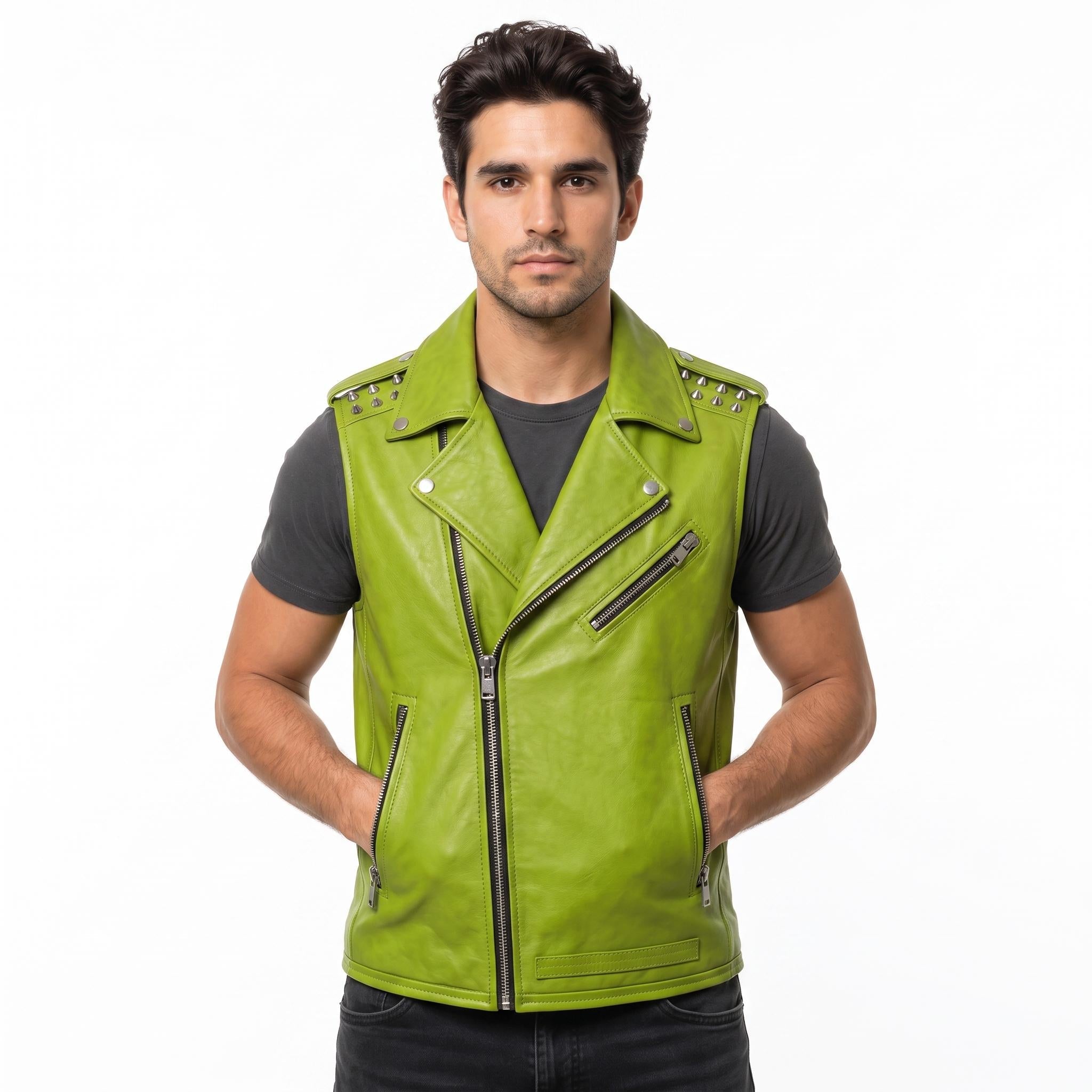 Men's Genuine Leather Biker Vest – Studded Double Rider Motorcycle Jacket - Timber AND Hide