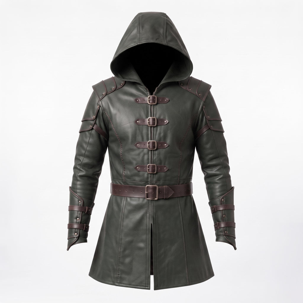 Men's Hooded Leather Assassin Coat: Dark Fantasy Ranger Trench Jacket - Timber AND Hide