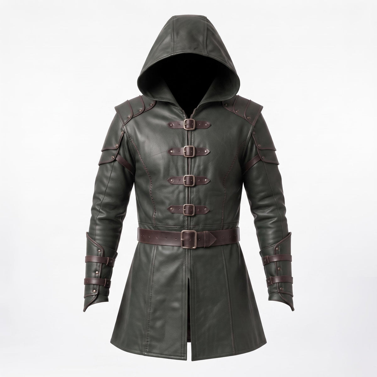 Men's Hooded Leather Assassin Coat: Dark Fantasy Ranger Trench Jacket - Timber AND Hide