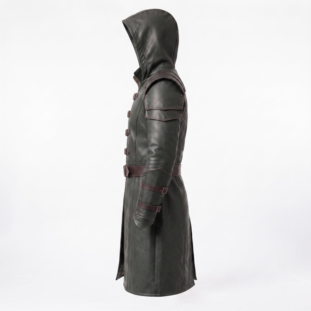 Men's Hooded Leather Assassin Coat: Dark Fantasy Ranger Trench Jacket - Timber AND Hide