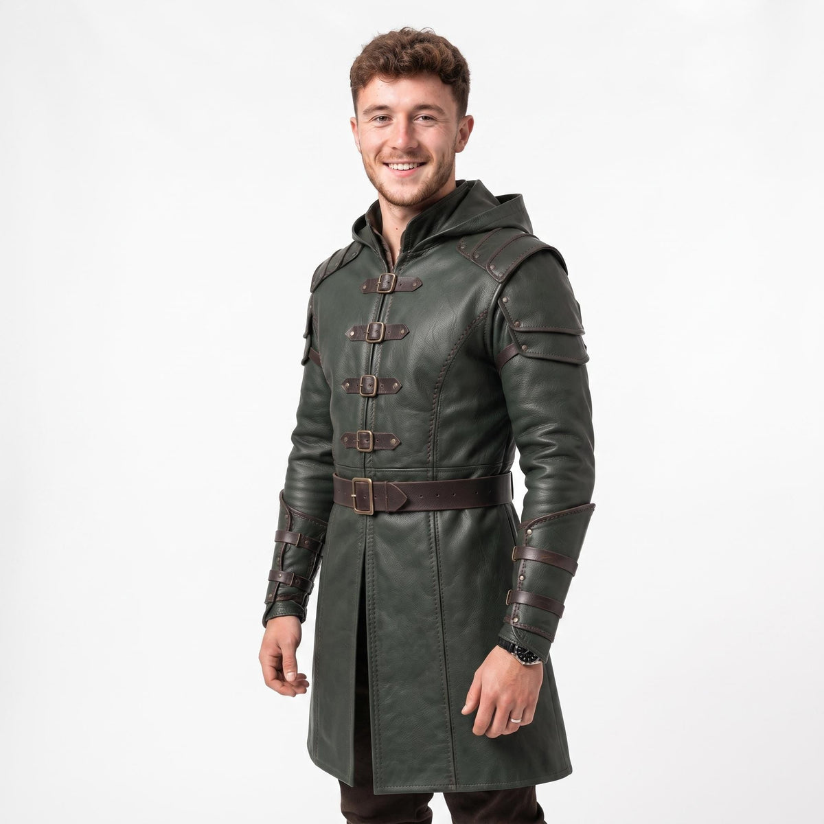 Men's Hooded Leather Assassin Coat: Dark Fantasy Ranger Trench Jacket - Timber AND Hide