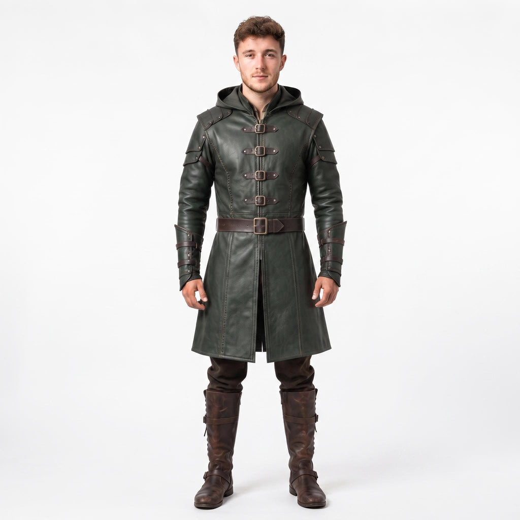 Men's Hooded Leather Assassin Coat: Dark Fantasy Ranger Trench Jacket - Timber AND Hide
