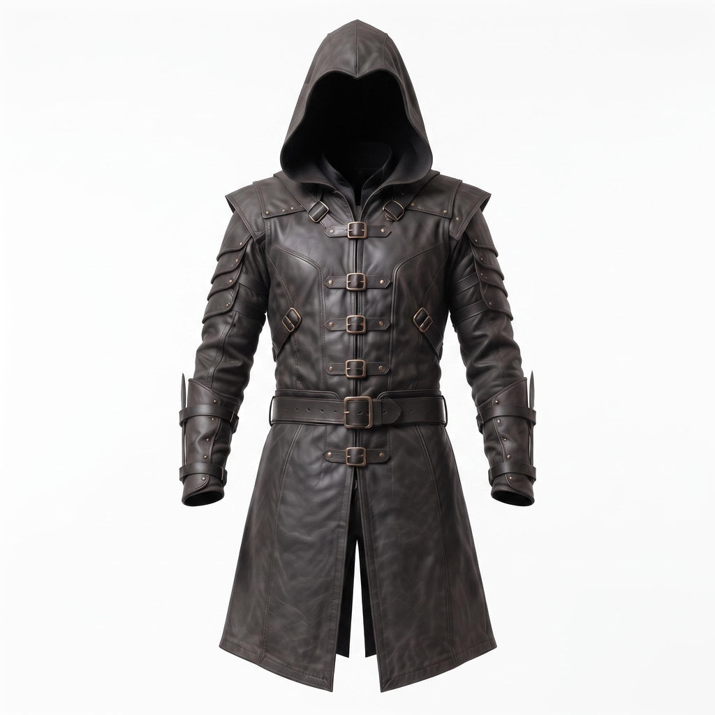 Men's Hooded Leather Assassin Coat | Medieval Ranger Trench LARP Cosplay Jacket - Timber AND Hide
