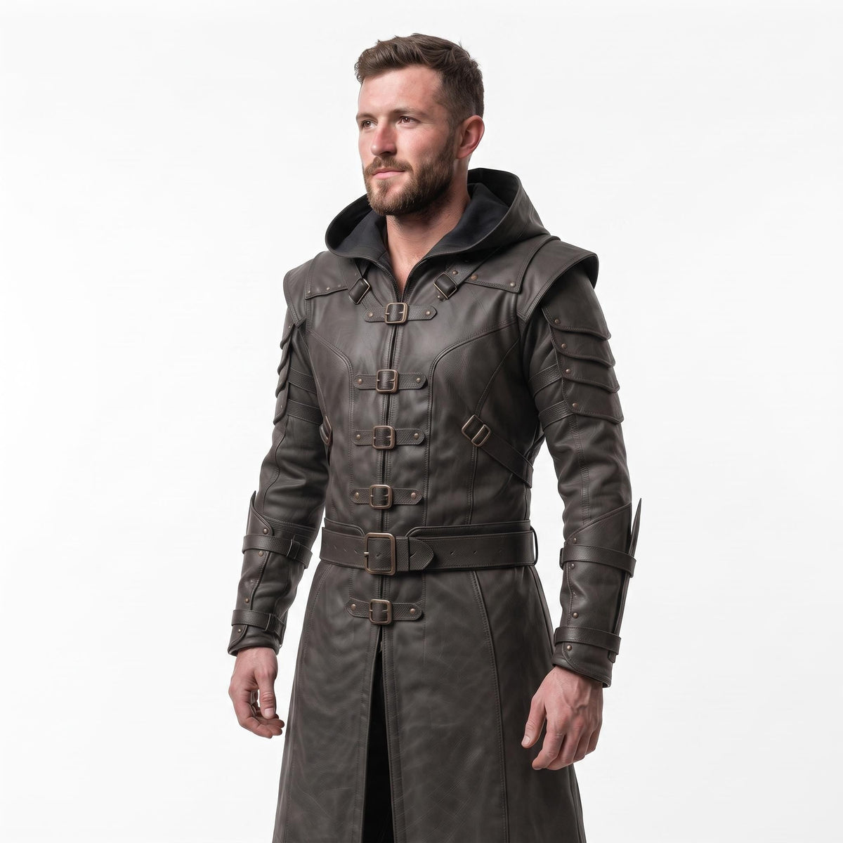 Men's Hooded Leather Assassin Coat | Medieval Ranger Trench LARP Cosplay Jacket - Timber AND Hide