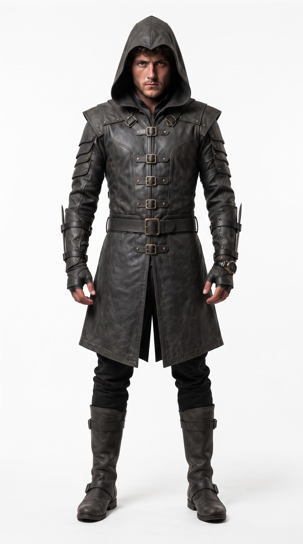 Men's Hooded Leather Assassin Coat | Medieval Ranger Trench LARP Cosplay Jacket - Timber AND Hide