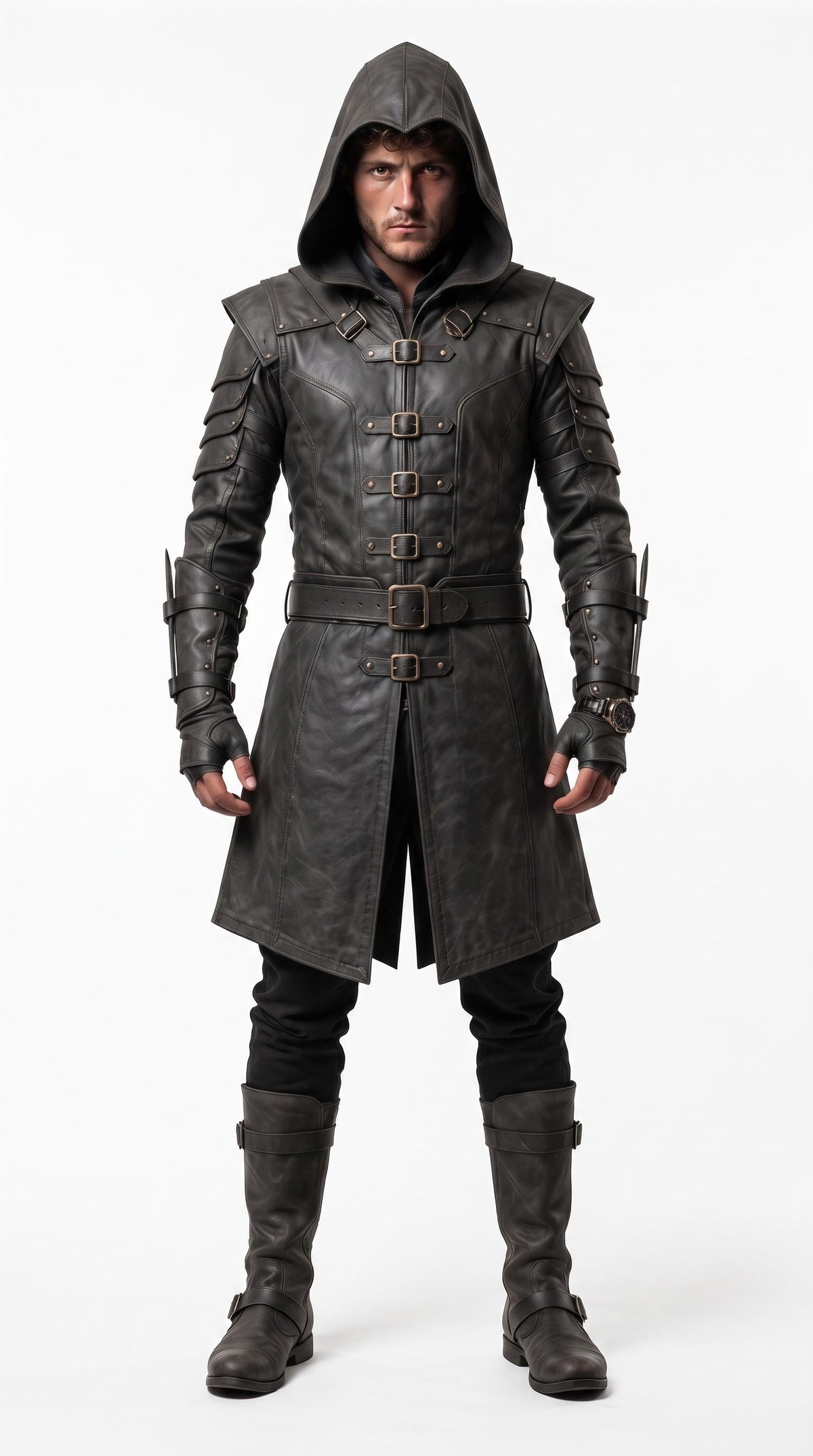 Men's Hooded Leather Assassin Coat | Medieval Ranger Trench LARP Cosplay Jacket - Timber AND Hide