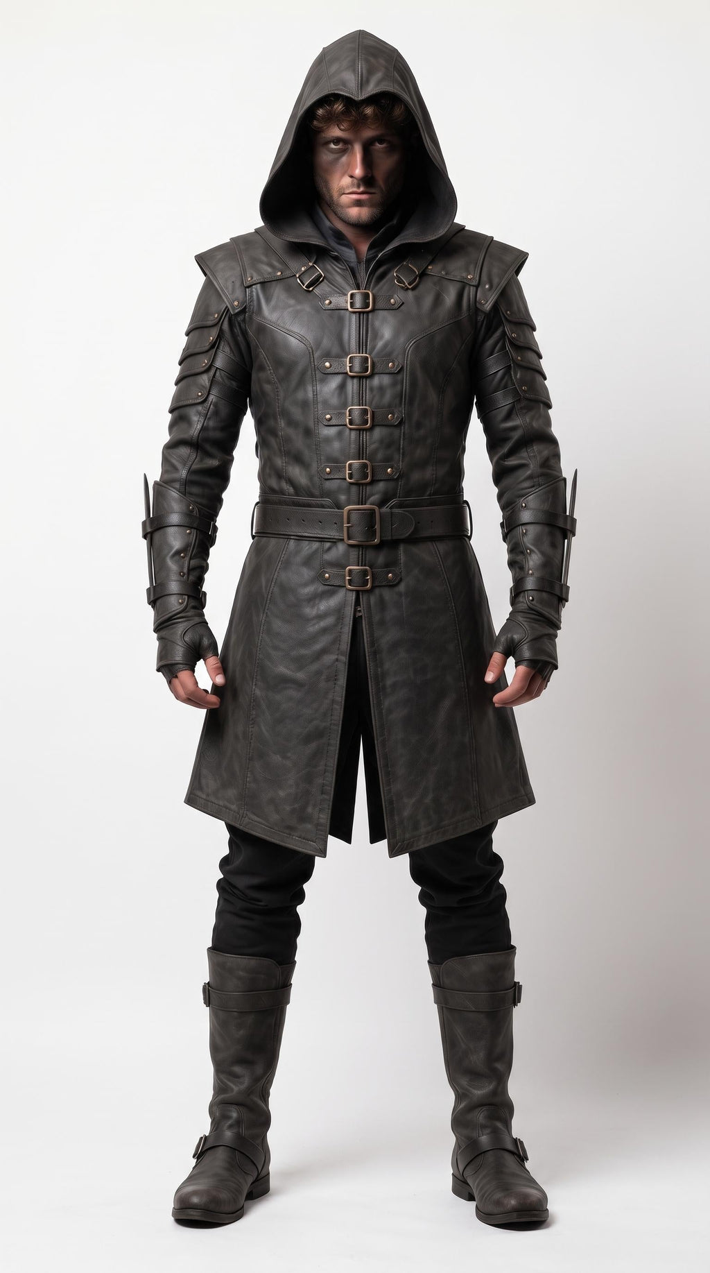 Men's Hooded Leather Assassin Coat | Medieval Ranger Trench LARP Cosplay Jacket - Timber AND Hide