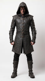 Men's Hooded Leather Assassin Coat | Medieval Ranger Trench LARP Cosplay Jacket - Timber AND Hide
