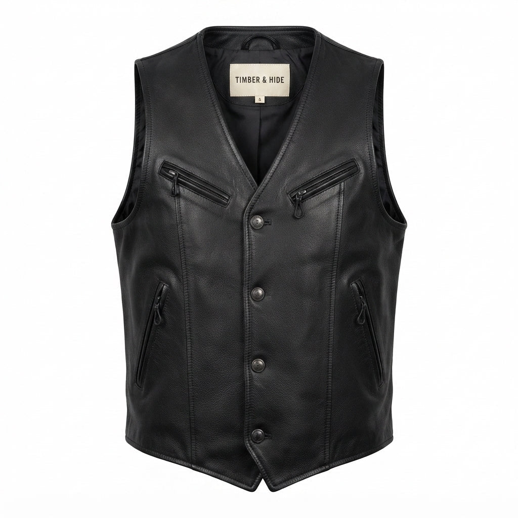 Men's Lightweight Black Genuine Leather Vest - Timber AND Hide