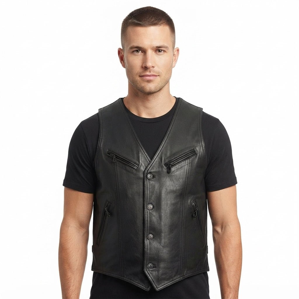 Men's Lightweight Black Genuine Leather Vest - Timber AND Hide