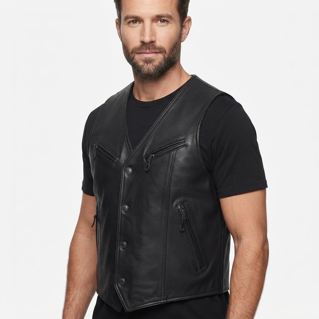 Men's Lightweight Black Genuine Leather Vest - Timber AND Hide