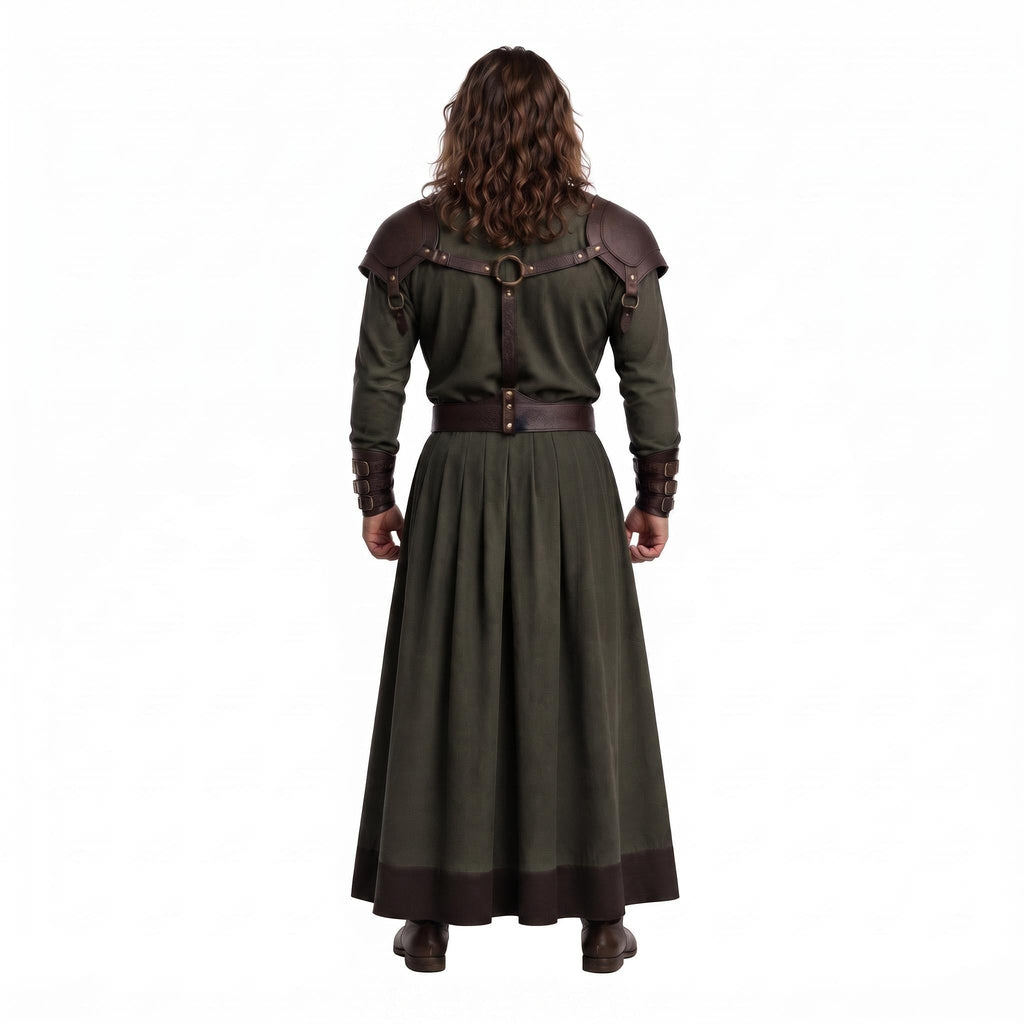 Men's Medieval Warrior Robe with Leather Shoulder Armor, Viking Tunic Costume, Fantasy Knight Garment - Timber AND Hide