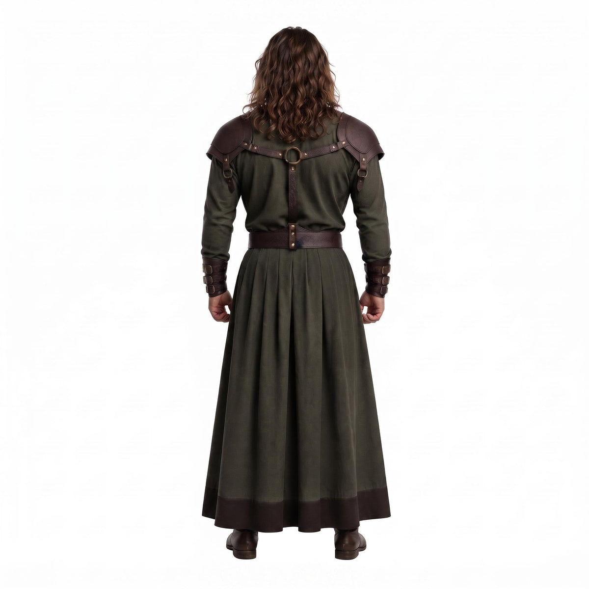 Men's Medieval Warrior Robe with Leather Shoulder Armor, Viking Tunic Costume, Fantasy Knight Garment - Timber AND Hide