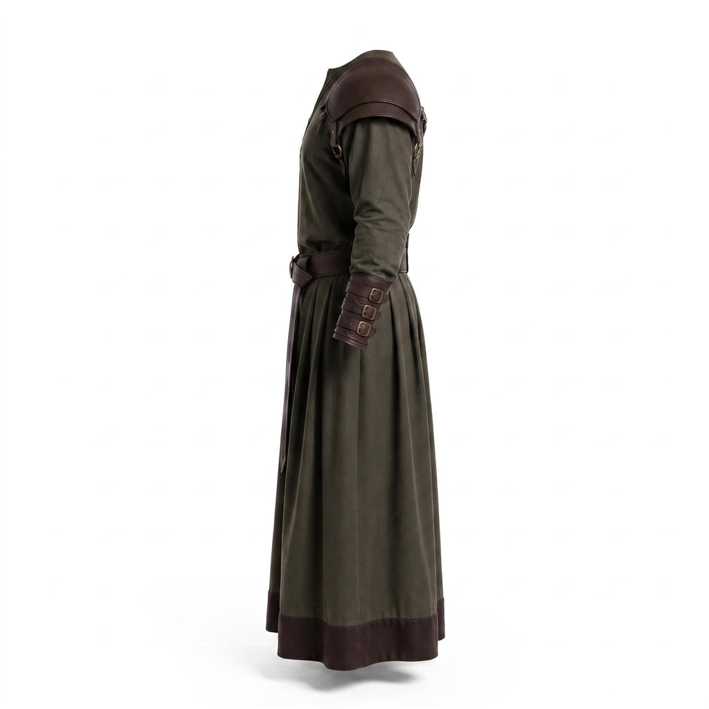 Men's Medieval Warrior Robe with Leather Shoulder Armor, Viking Tunic Costume, Fantasy Knight Garment - Timber AND Hide