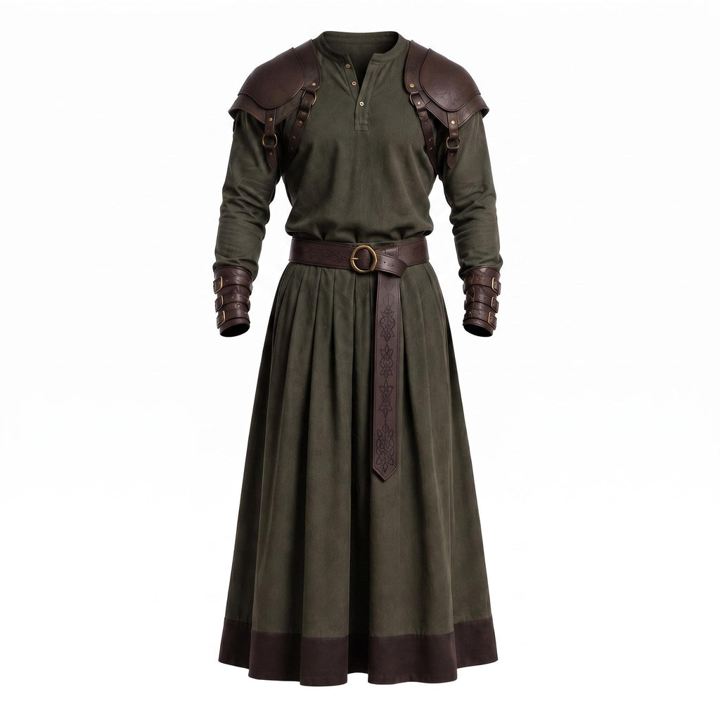 Men's Medieval Warrior Robe with Leather Shoulder Armor, Viking Tunic Costume, Fantasy Knight Garment - Timber AND Hide