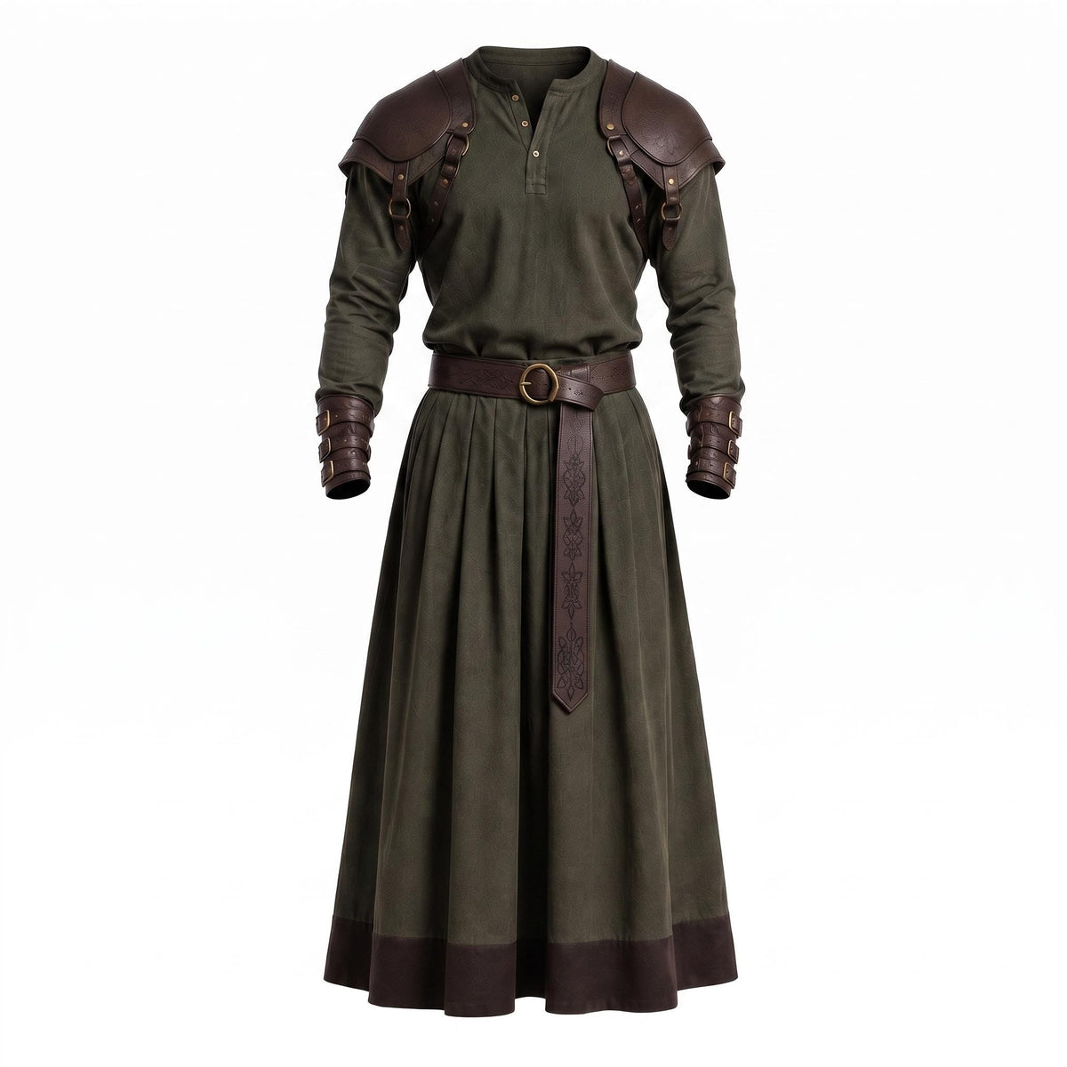 Men's Medieval Warrior Robe with Leather Shoulder Armor, Viking Tunic Costume, Fantasy Knight Garment - Timber AND Hide