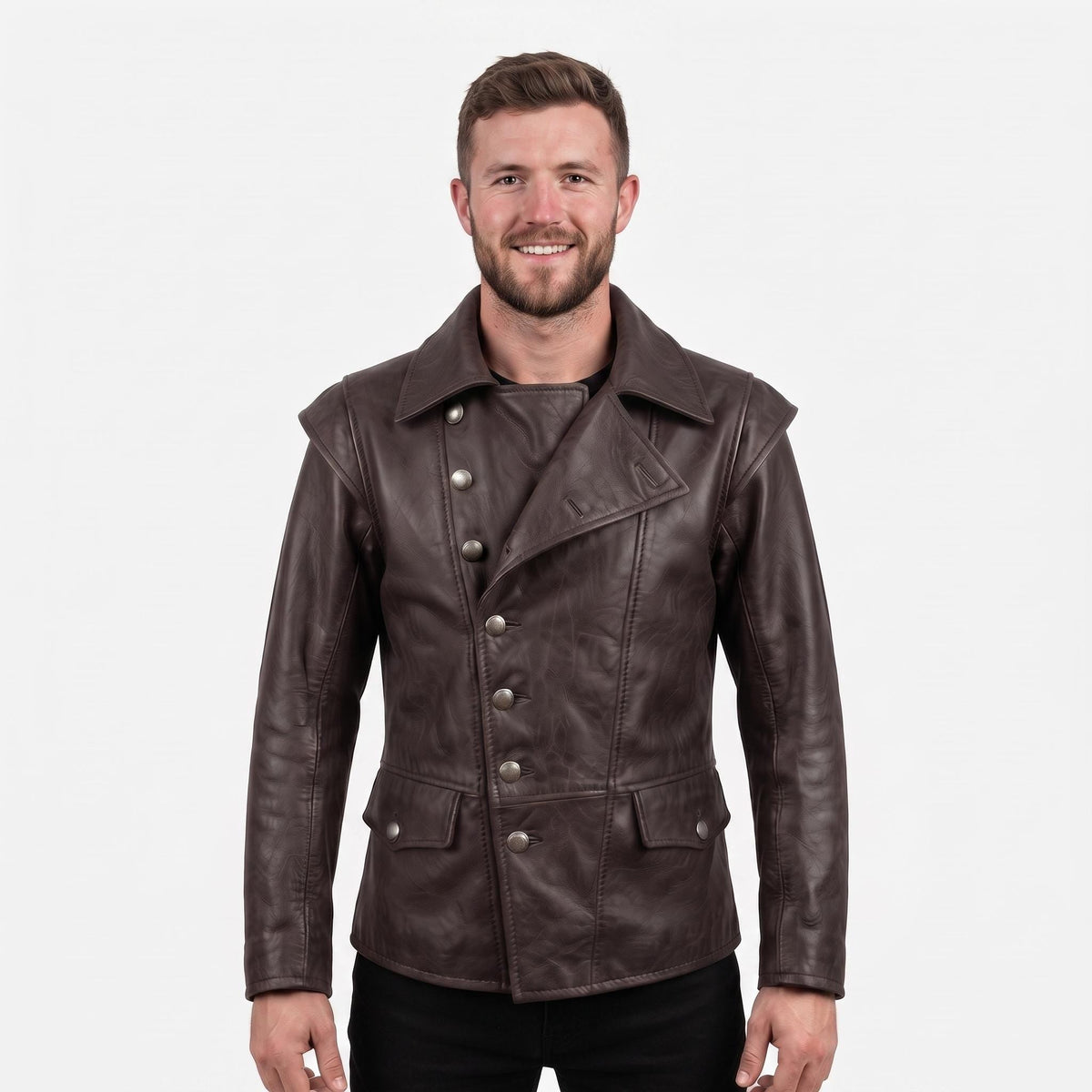Men's Navy Blue Asymmetrical Military Leather Jacket – Handmade Blazer Coat - Timber AND Hide