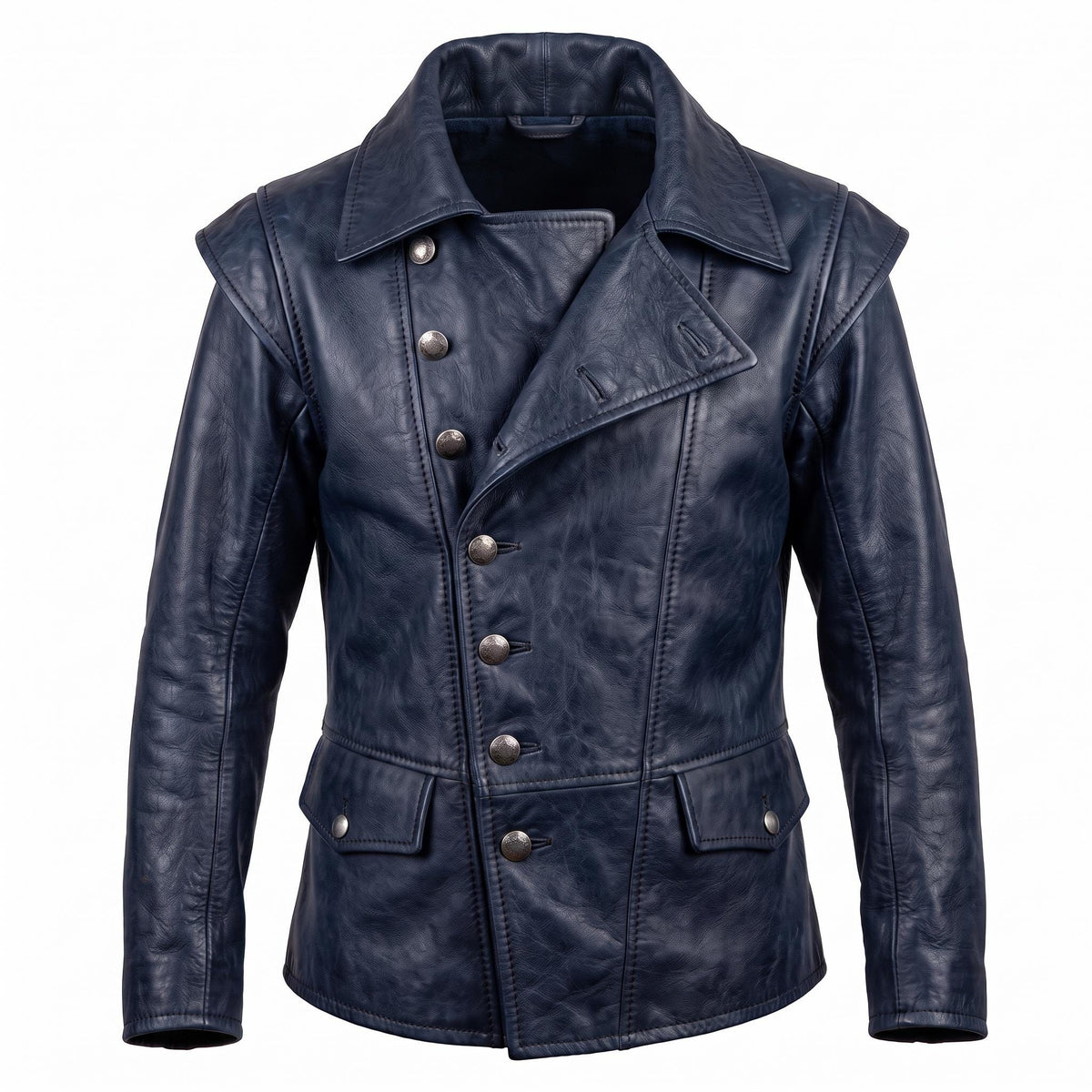Men's Navy Blue Asymmetrical Military Leather Jacket – Handmade Blazer Coat - Timber AND Hide
