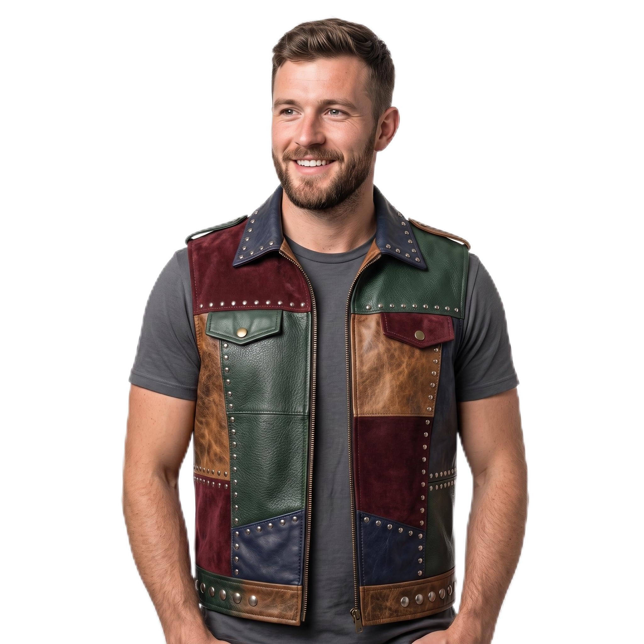 Men's Patch Leather Vest | Printed Leather Jacket | Handmade Patchwork Leather Vest | Studded Biker Vest - Timber AND Hide