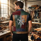 Men's Patchwork Leather Biker Vest | Studded Jacket with Printed Back - Timber AND Hide