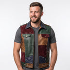 Men's Patchwork Leather Biker Vest | Studded Jacket with Printed Back - Timber AND Hide