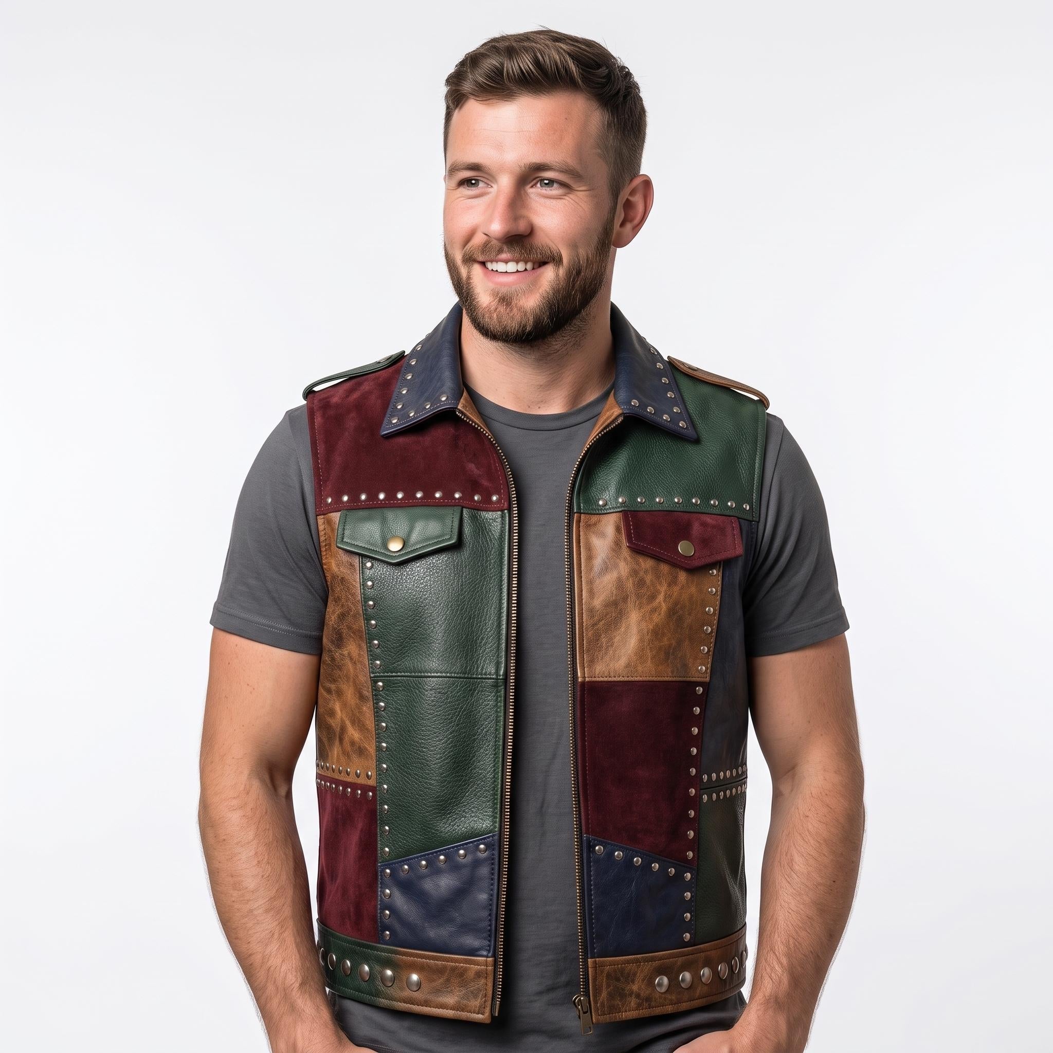 Men's Patchwork Leather Biker Vest | Studded Jacket with Printed Back - Timber AND Hide