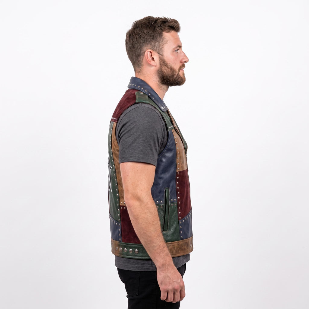 Men's Patchwork Leather Biker Vest | Studded Jacket with Printed Back - Timber AND Hide