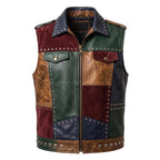 Men's Patchwork Leather Biker Vest | Studded Jacket with Printed Back - Timber AND Hide