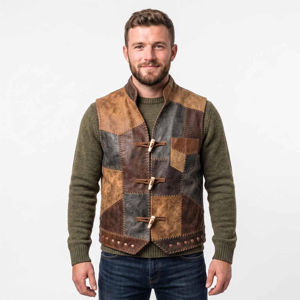 Men's Patchwork Leather Vest | Handmade Genuine Cowhide Biker Waistcoat - Timber AND Hide