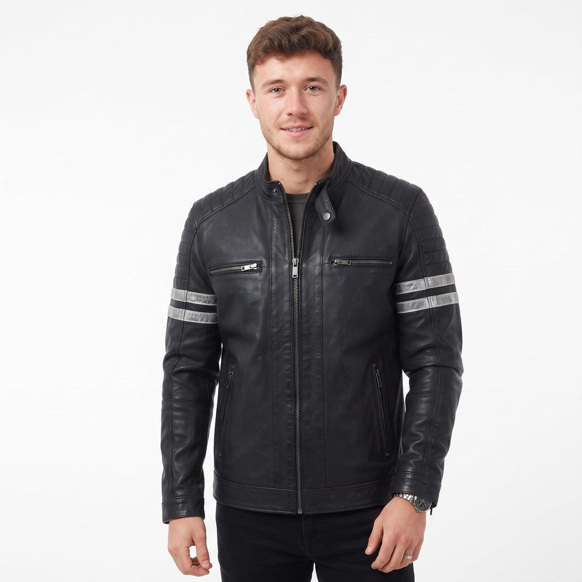 Men's Real Leather Biker Jacket With Stitch Detailings Navy - Timber AND Hide