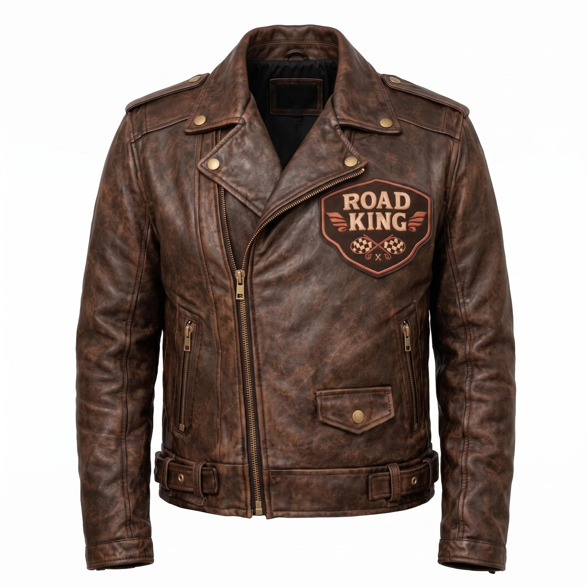 Men's Road King Vintage Leather Jacket - Winged Skull & Ride to Live Biker Design - Timber AND Hide