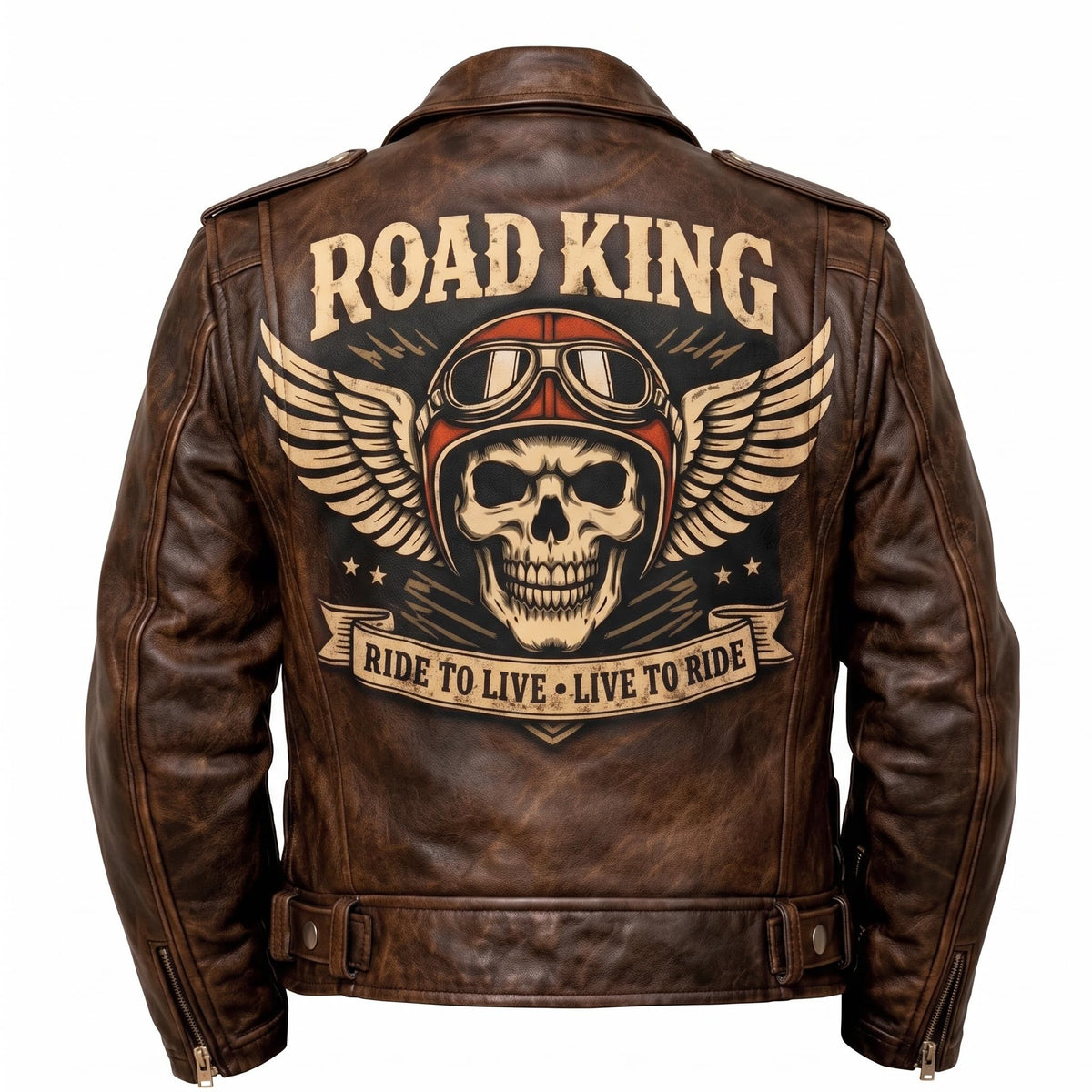 Men's Road King Vintage Leather Jacket - Winged Skull & Ride to Live Biker Design - Timber AND Hide