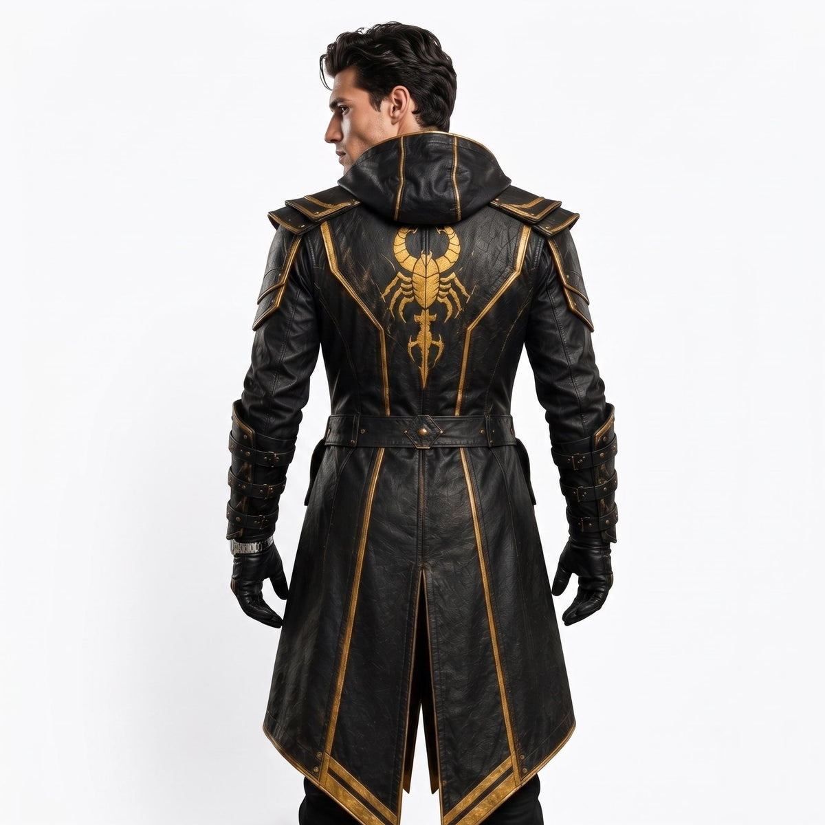 Men's Scorpion Leather Hooded Coat | Black Gold Armor Cosplay Jacket | Fantasy LARP Outfit - Timber AND Hide
