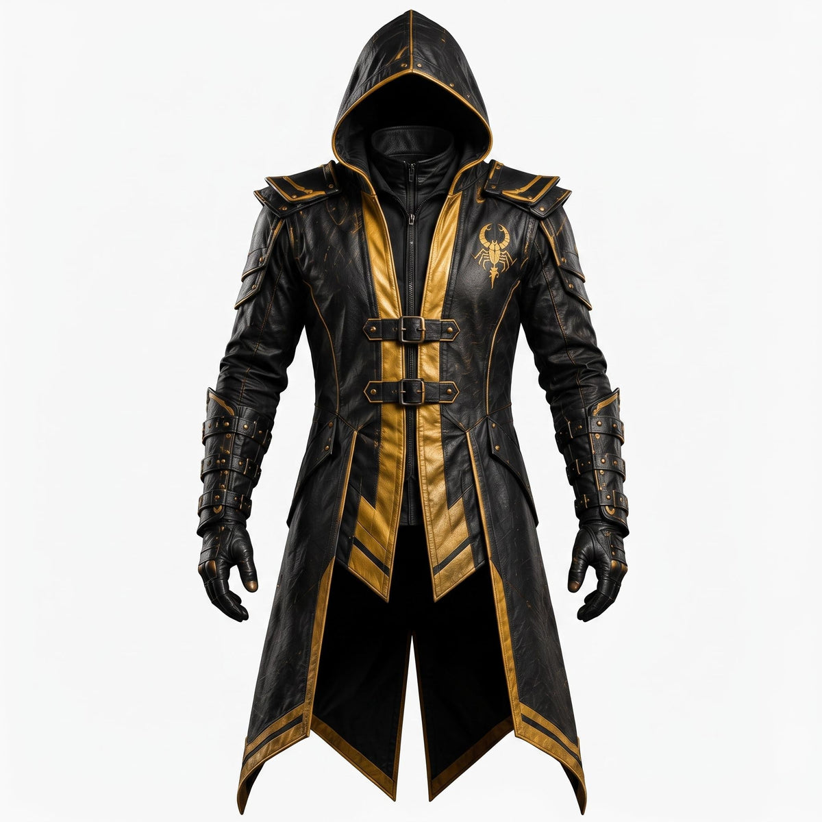 Men's Scorpion Leather Hooded Coat | Black Gold Armor Cosplay Jacket | Fantasy LARP Outfit - Timber AND Hide