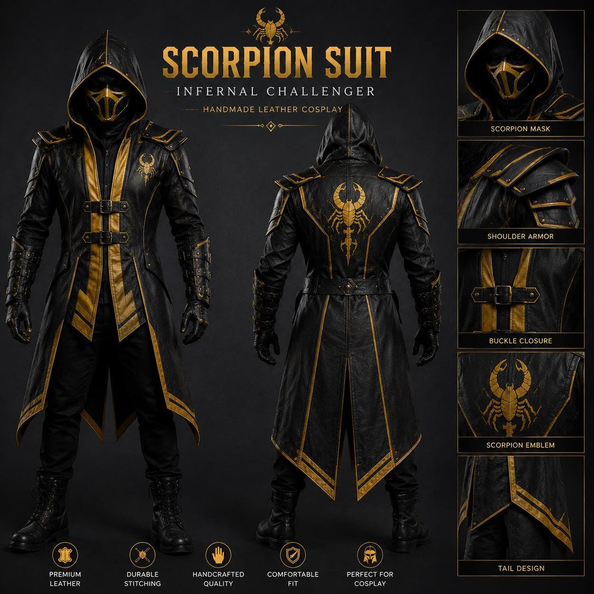 Men's Scorpion Leather Hooded Coat | Black Gold Armor Cosplay Jacket | Fantasy LARP Outfit - Timber AND Hide