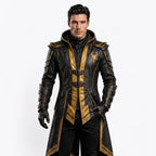 Men's Scorpion Leather Hooded Coat | Black Gold Armor Cosplay Jacket | Fantasy LARP Outfit - Timber AND Hide