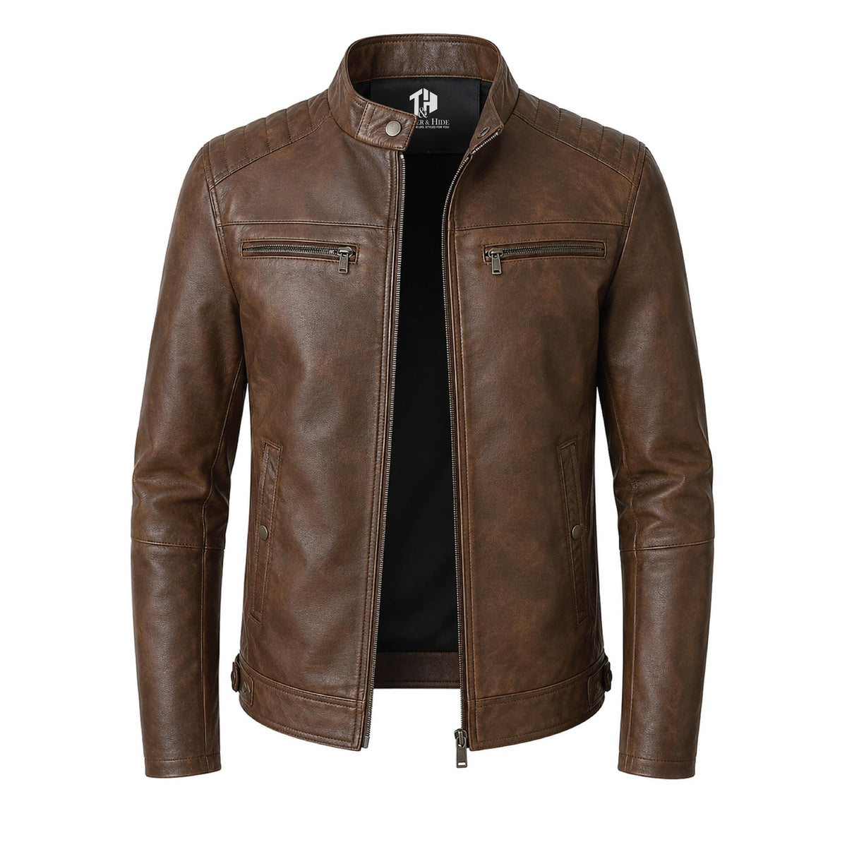 Men's Skull Motorcycle Leather Jacket, Biker Rider Coat, Gothic Punk Streetwear Green - Timber AND Hide