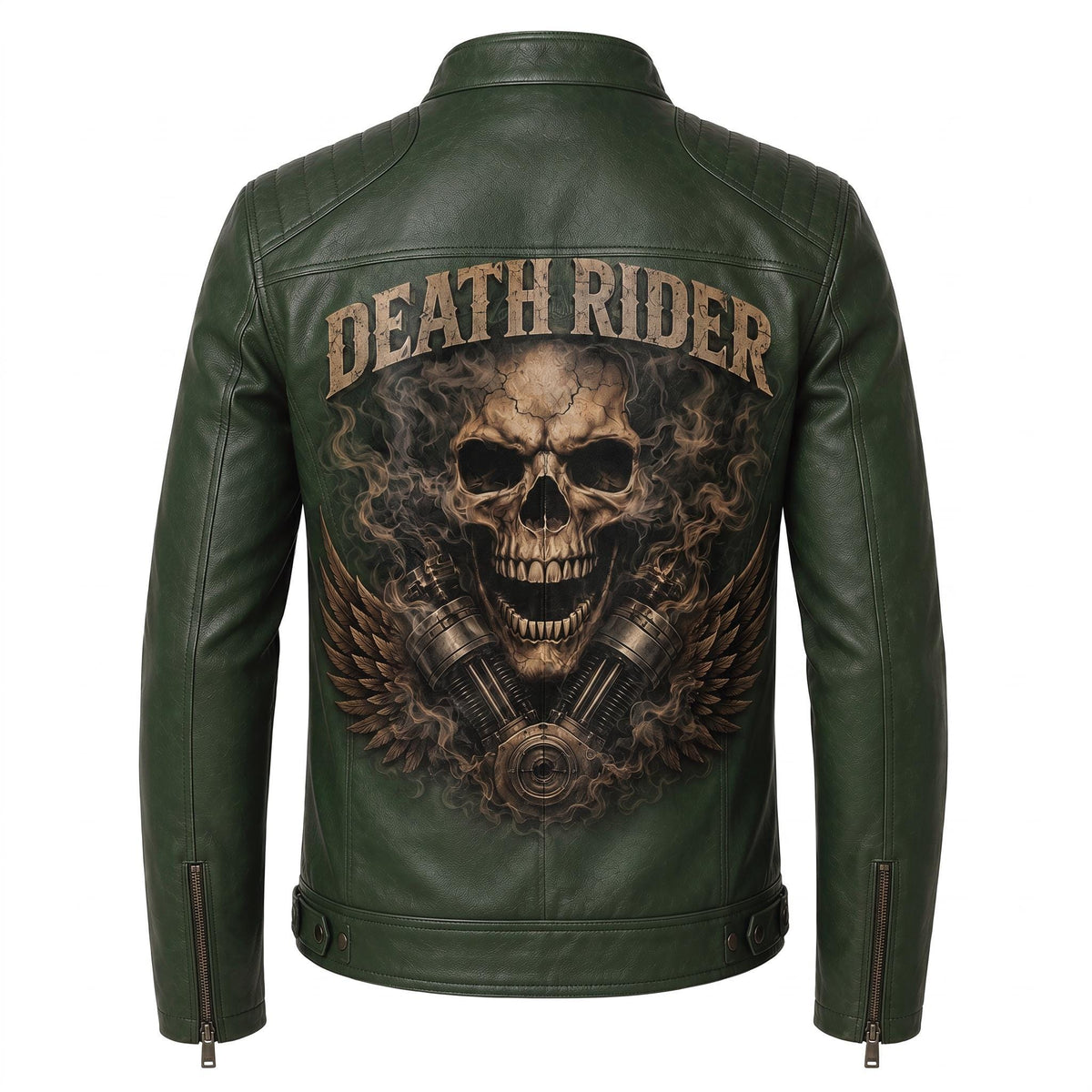 Men's Skull Motorcycle Leather Jacket, Biker Rider Coat, Gothic Punk Streetwear Green - Timber AND Hide