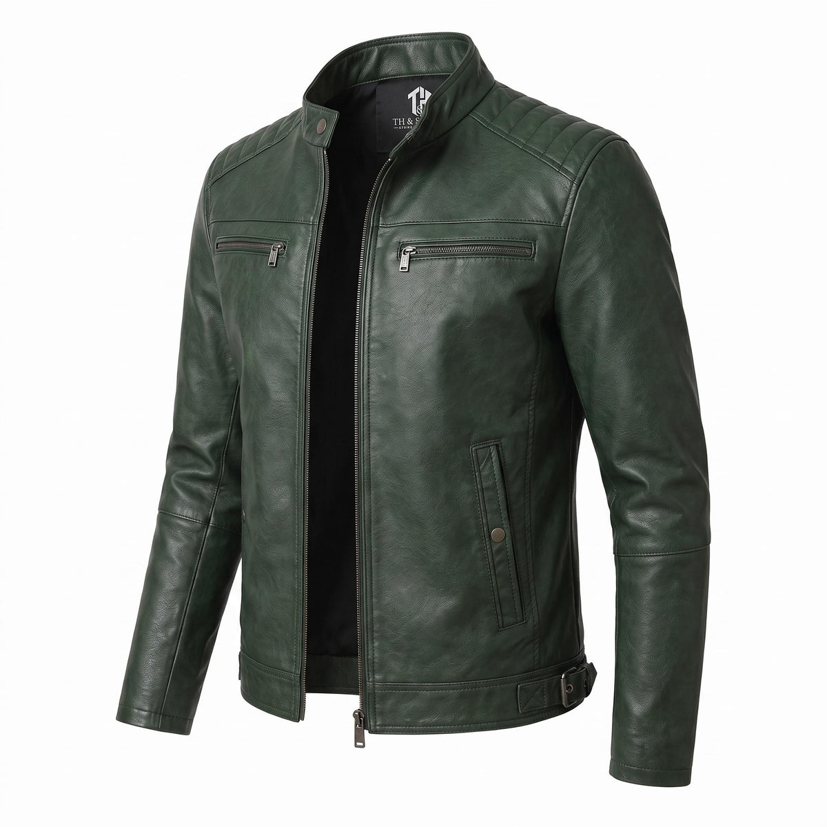 Men's Skull Motorcycle Leather Jacket, Biker Rider Coat, Gothic Punk Streetwear Green - Timber AND Hide