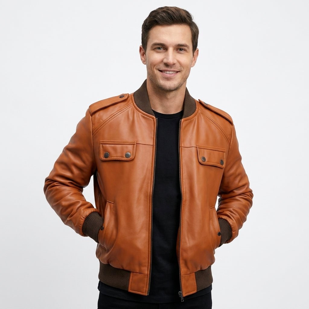 Men’s Strap Pocket Bomber Leather Jacket - Timber AND Hide